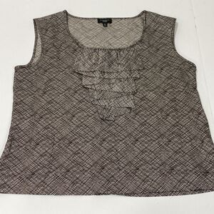 Talbots 6P petite sleeveless shell top ruffle front brown & white silky dressy